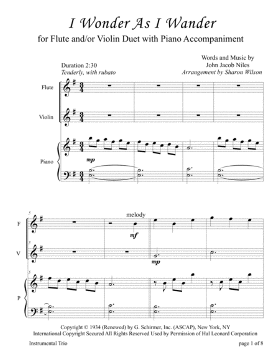 I Wonder As I Wander Flute scores gallery preview page 1