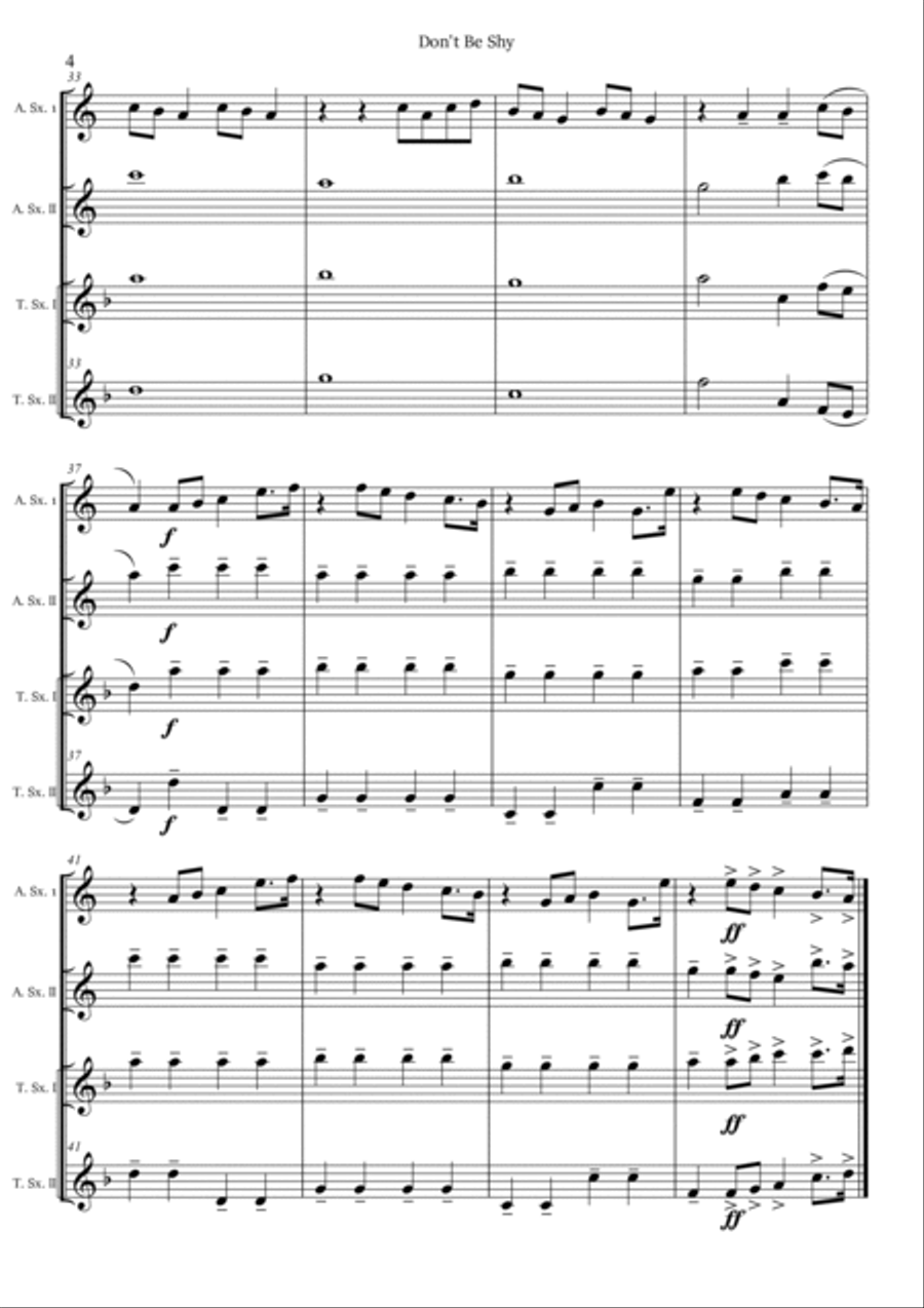 Don't Be Shy Saxophone Quartet scores gallery preview page 4