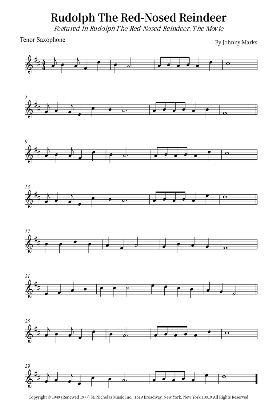 Rudolph The Red-Nosed Reindeer Tenor Saxophone scores gallery preview page 1