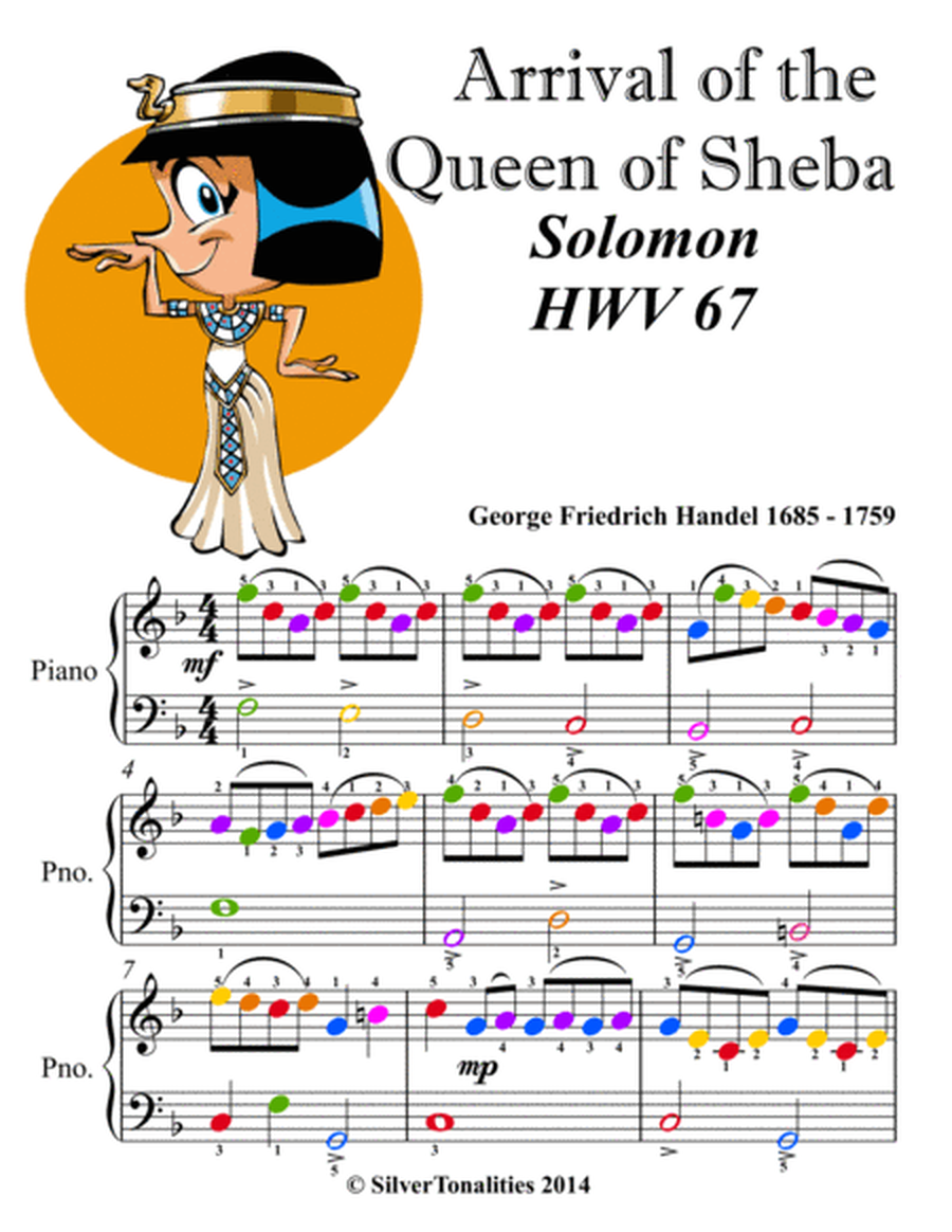 Arrival of the Queen of Sheba Easiest Piano Sheet Music with Colored Notation