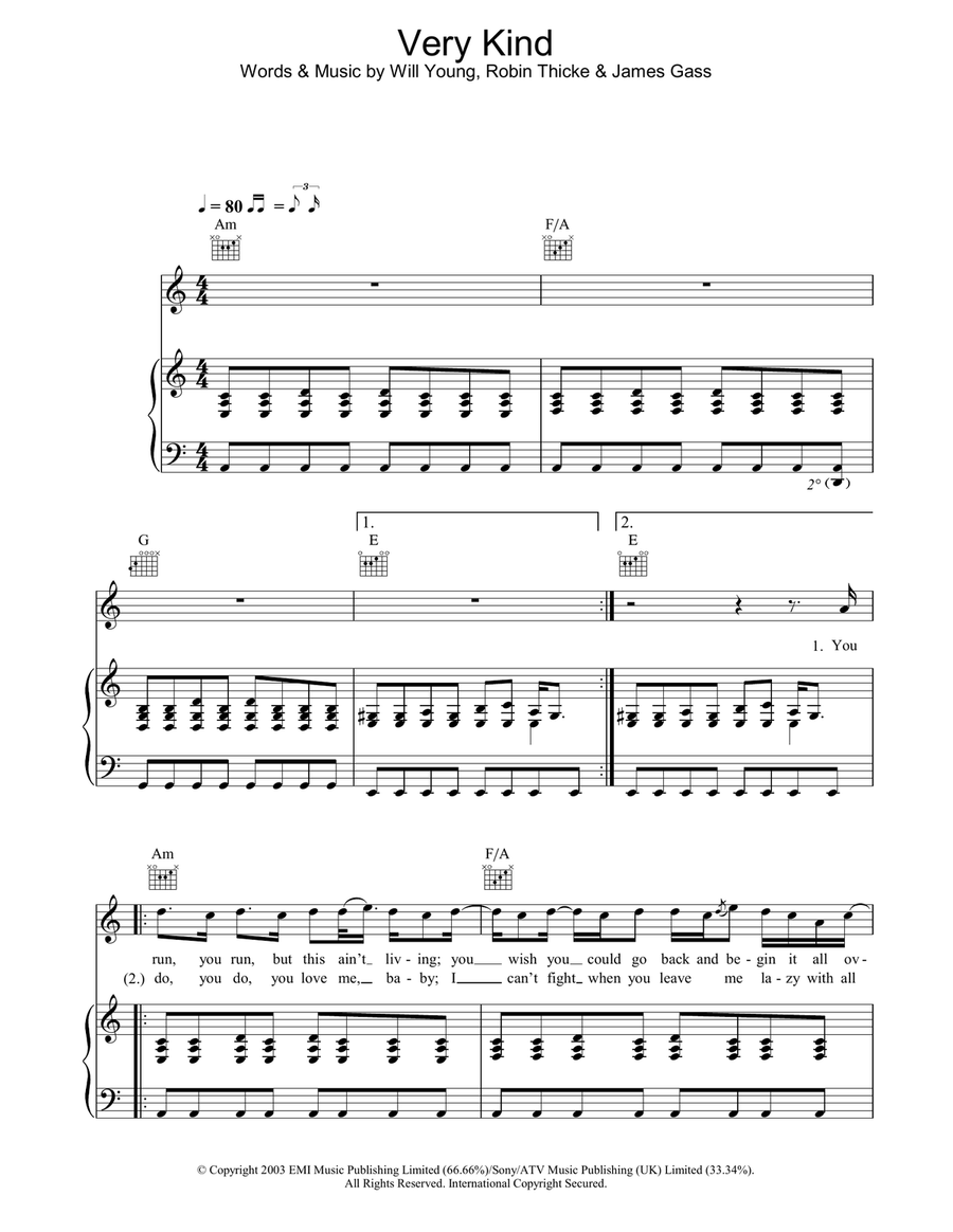 Very Kind Piano, Vocal, Guitar scores gallery preview page 1