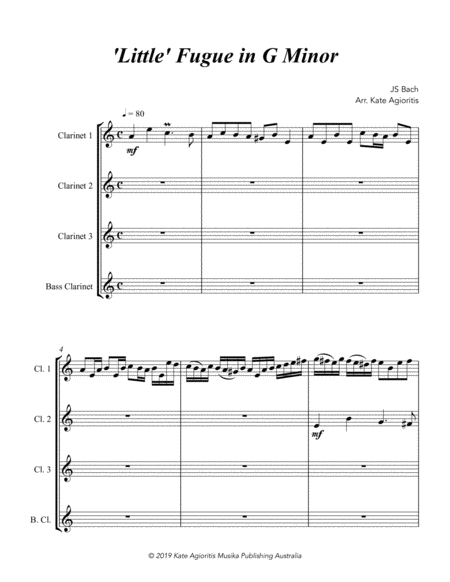'Little' Fugue in G Minor - For Clarinet Quartet image number null