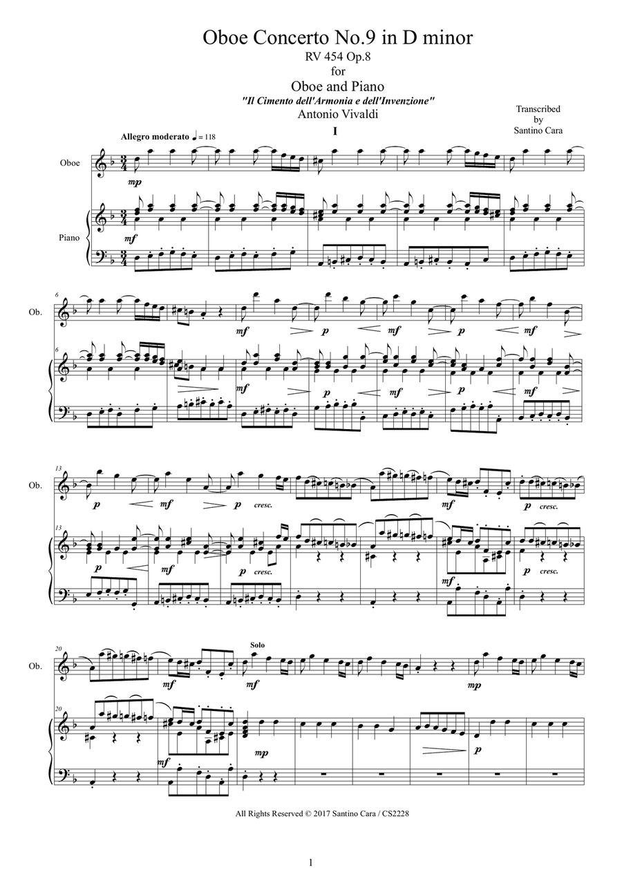 Vivaldi - Oboe Concerto No.9 in D minor RV 454 Op.8 for Oboe and Piano Piano scores gallery preview page 1