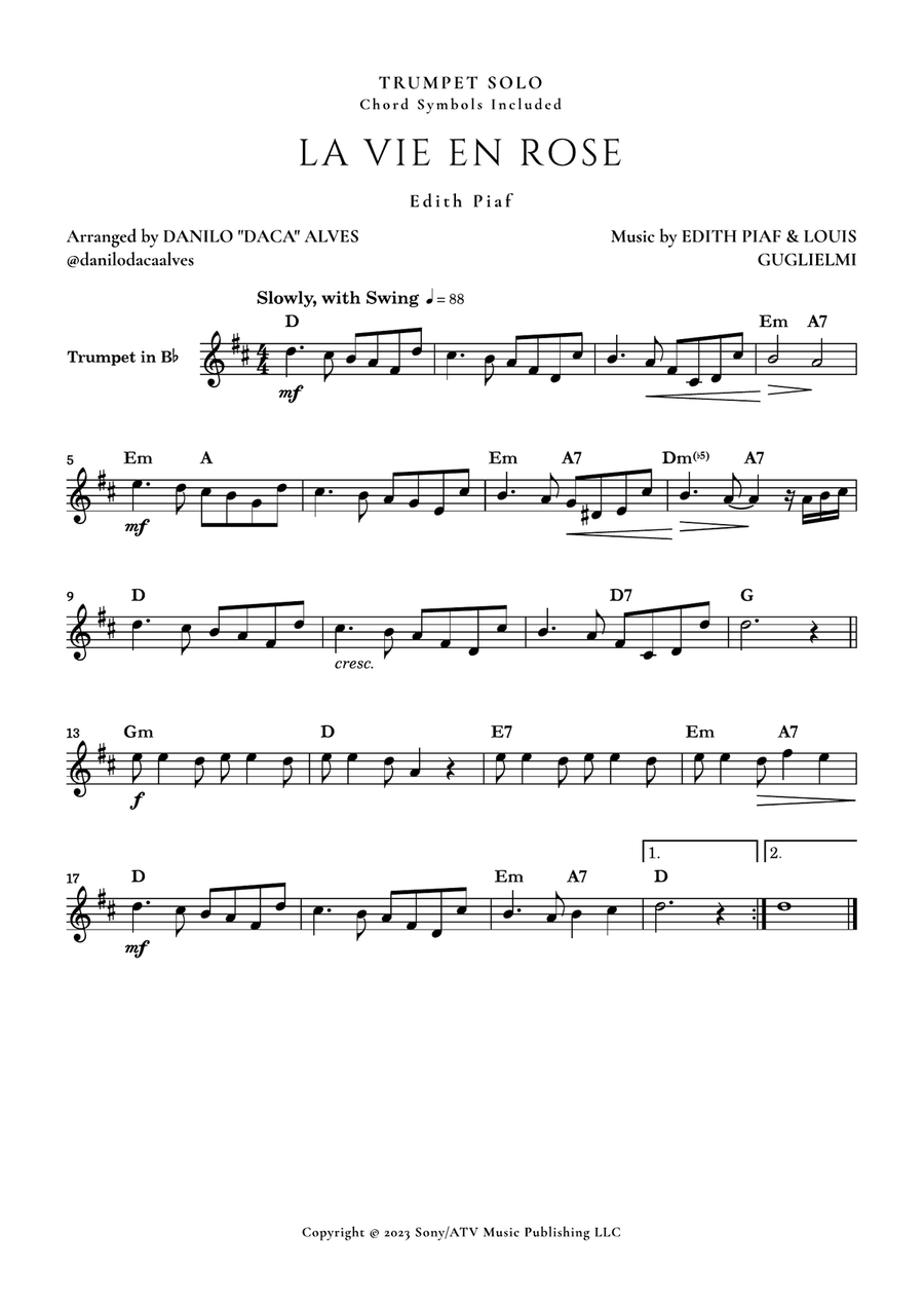 La Vie En Rose B-Flat Trumpet scores gallery preview page 1