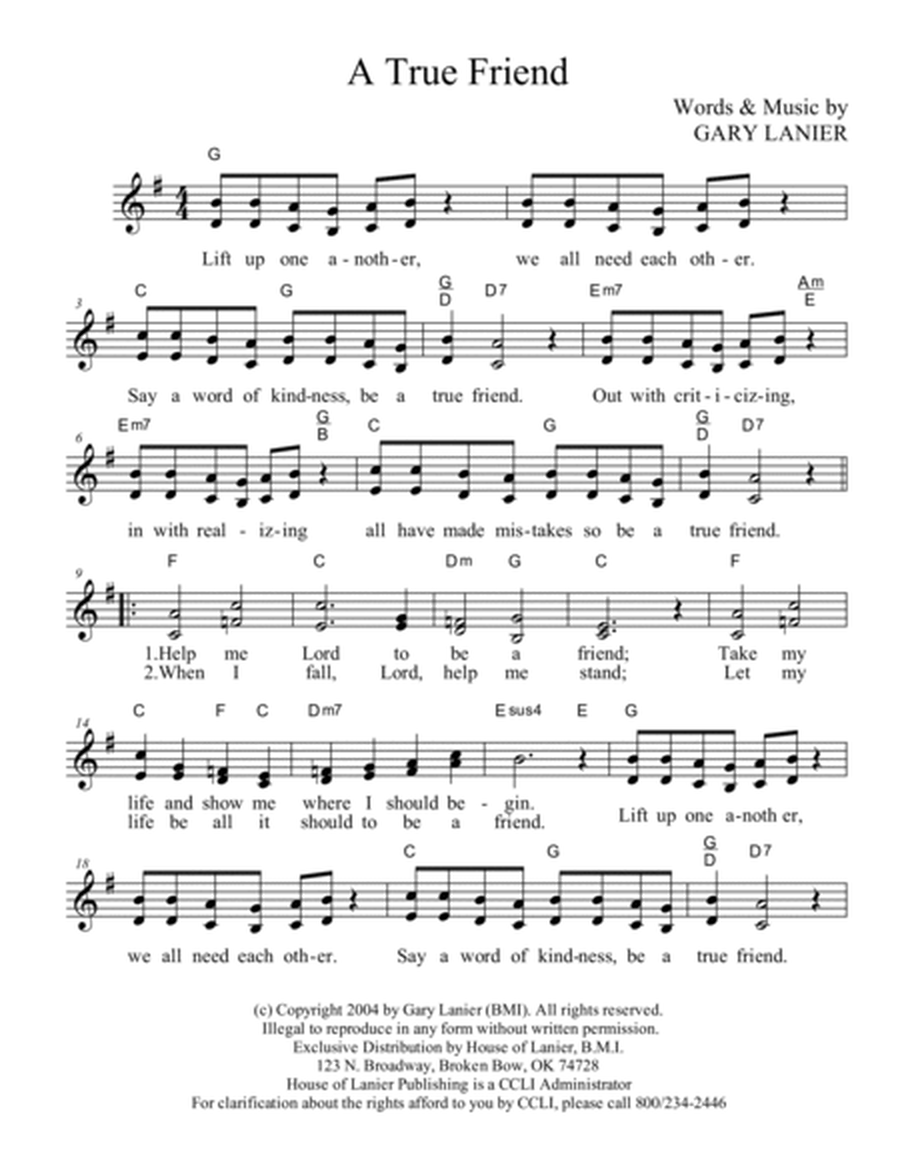 A TRUE FRIEND - Lead Sheet (Includes Melody, Vocal Parts, Lyrics & Chords) image number null