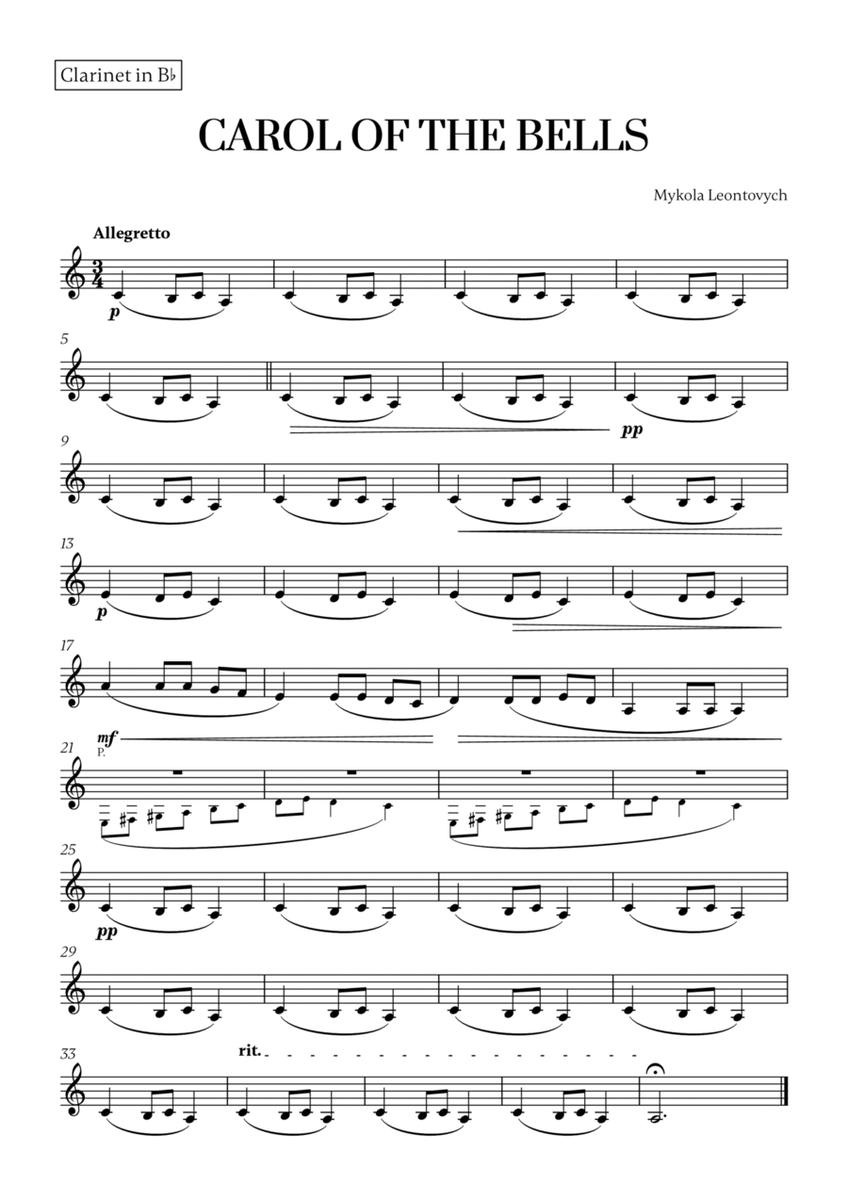 Carol of the Bells (Very Easy/Beginner) (for Clarinet) image number null