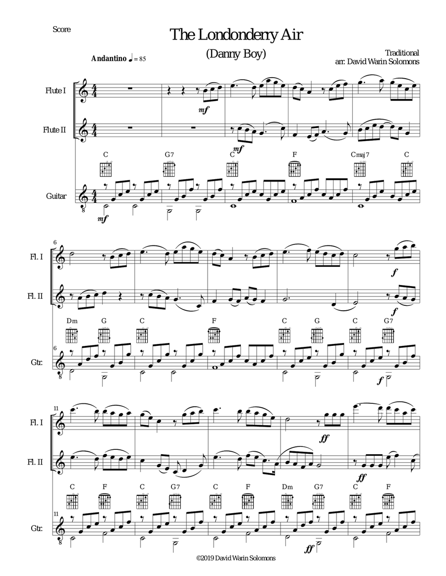 The Londonderry Air (Oh Danny Boy) for 2 flutes and guitar Flute scores gallery preview page 1