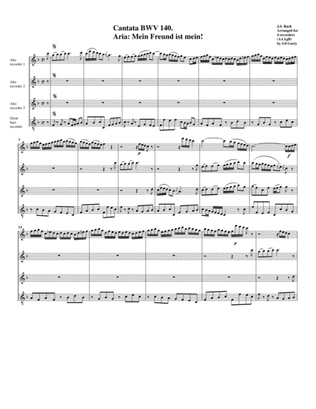 Book cover for Mein Freund ist mein! from cantata BWV 140 (arrangement for 4 recorders)