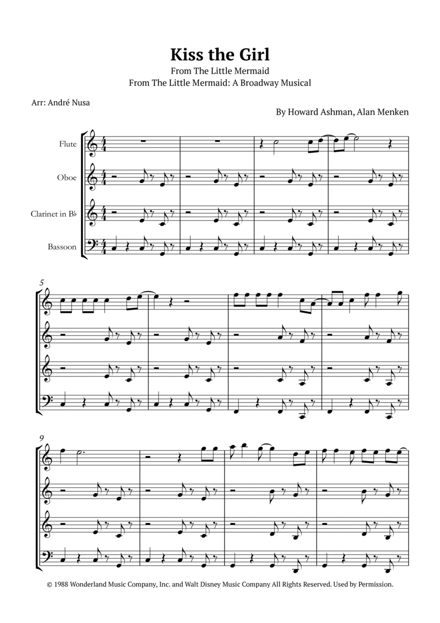Kiss The Girl Woodwind Quartet scores gallery preview page 1