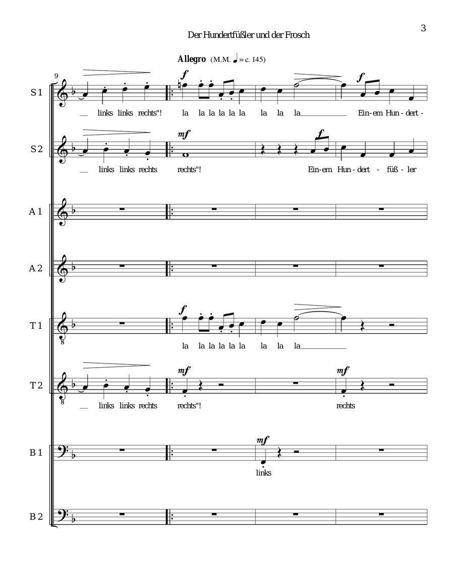 Der Hundertfüssler und der Frosch (The Centipede and the Frog in German) for 8 part choir 4-Part scores gallery preview page 3