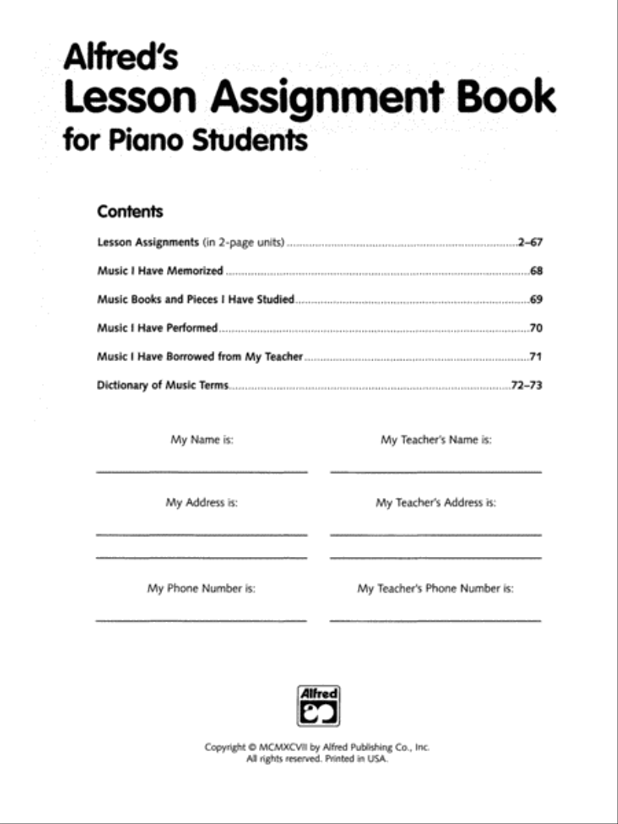 Alfred's Lesson Assignment Book for Piano Students Piano Method scores gallery preview page 2