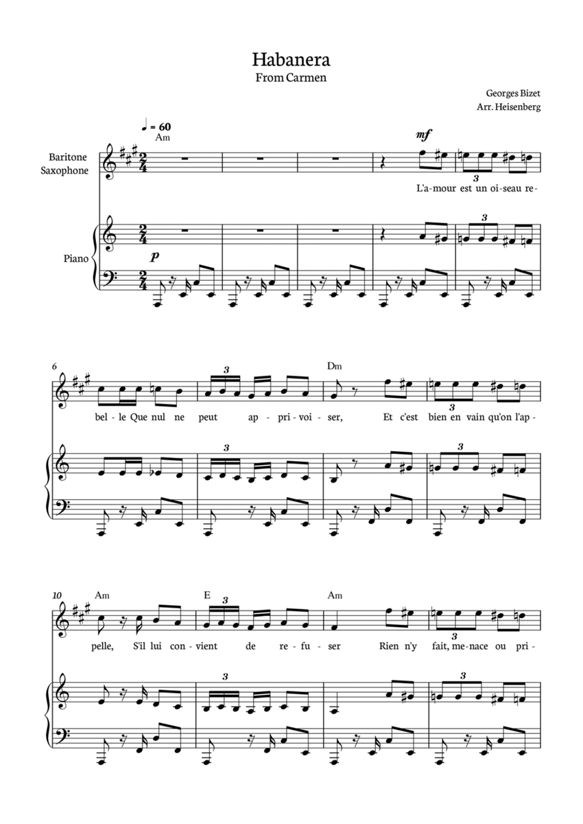 Habanera from Carmen for Baritone Saxophone with piano and chords. image number null