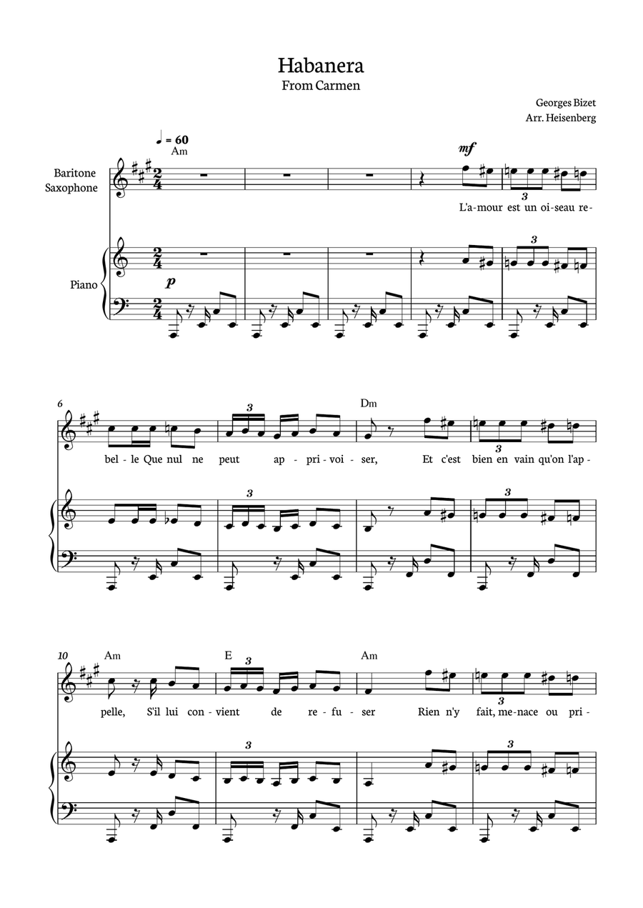 Habanera from Carmen for Baritone Saxophone with piano and chords. Baritone Saxophone scores gallery preview page 1