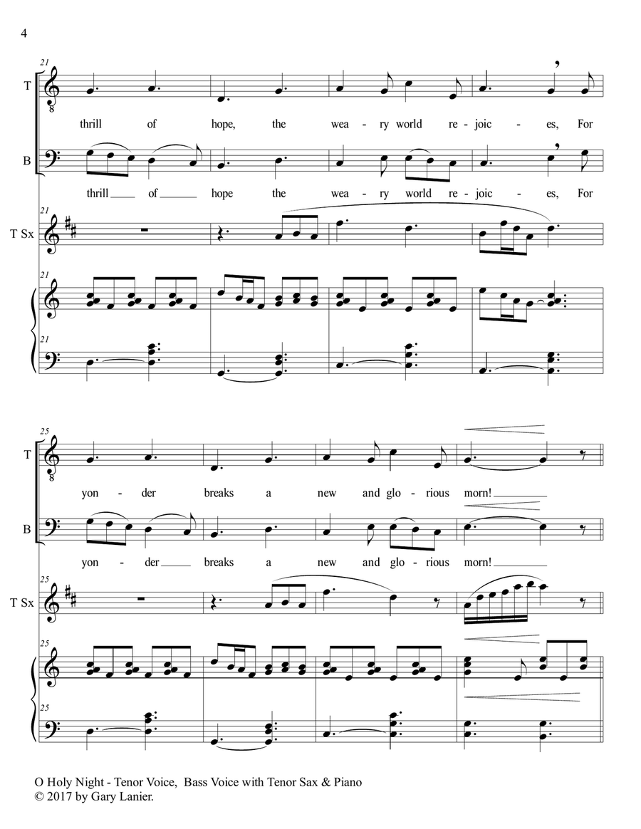 O HOLY NIGHT (Duet - Tenor Voice, Bass Voice with Tenor Sax & Piano - Score & Parts included) Small Ensemble scores gallery preview page 5