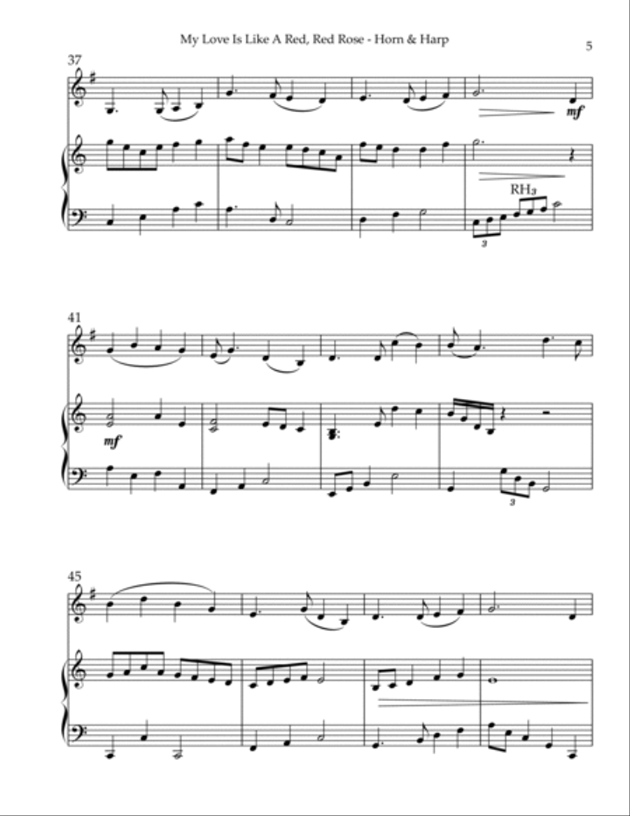 My Love Is Like A Red, Red Rose, Duet for Horn in F & Harp Harp scores gallery preview page 5