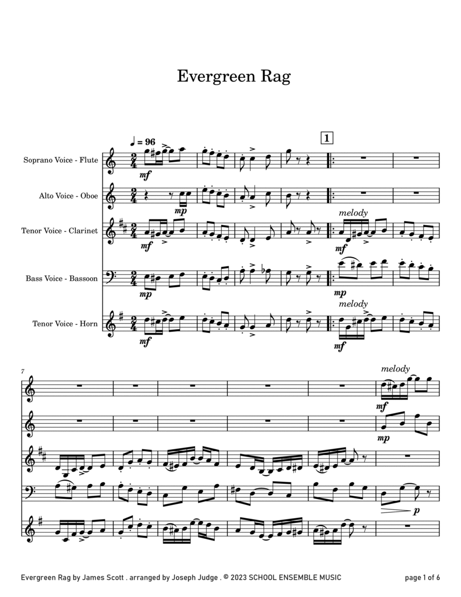 Evergreen Rag by James Scott for Woodwind Quartet in Schools Woodwind Quartet scores gallery preview page 1