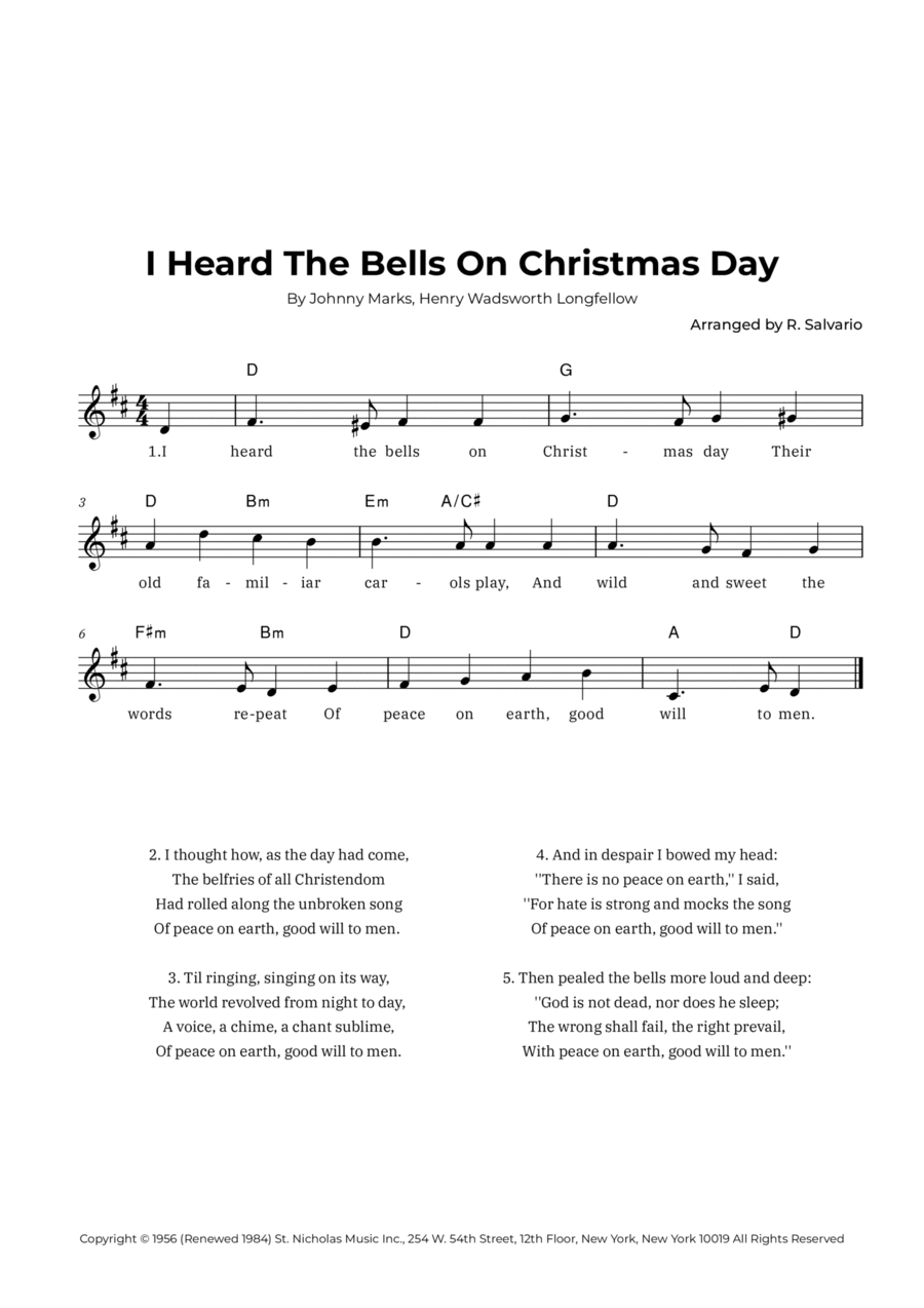 I Heard The Bells On Christmas Day (Key of D Major) Easy Piano scores gallery preview page 1