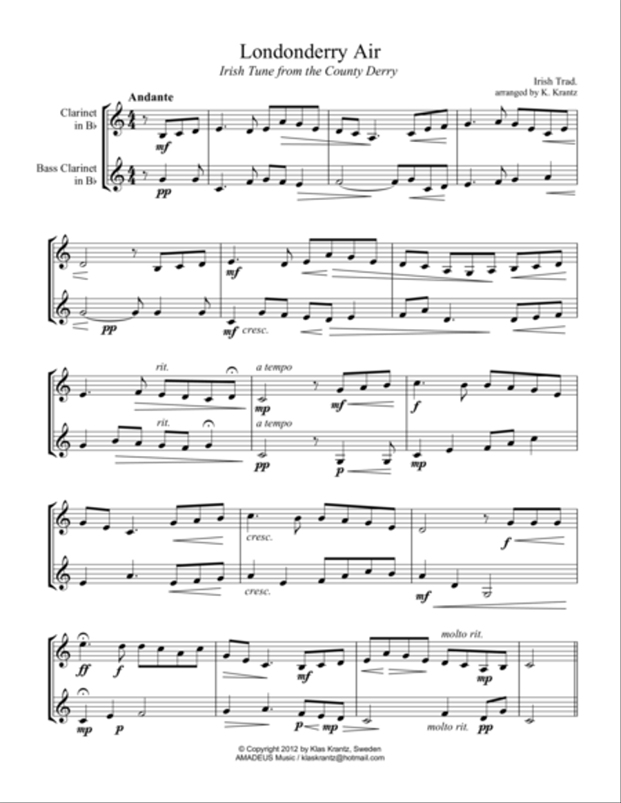 Londonderry Air for clarinet and bass clarinet duet Clarinet Duet scores gallery preview page 1