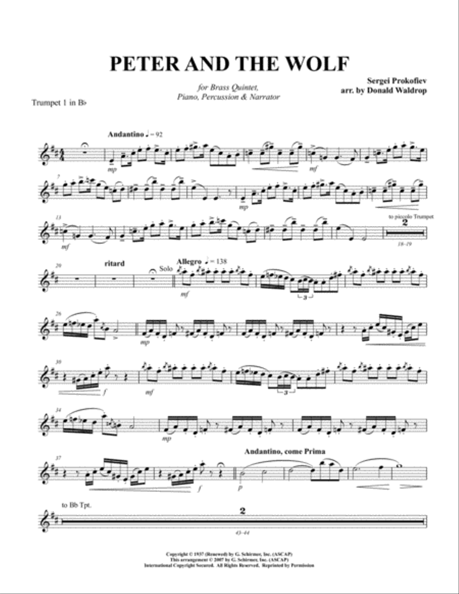 Peter and the Wolf for Brass Quintet, Piano, Percussion and Narrator Piano scores gallery preview page 4