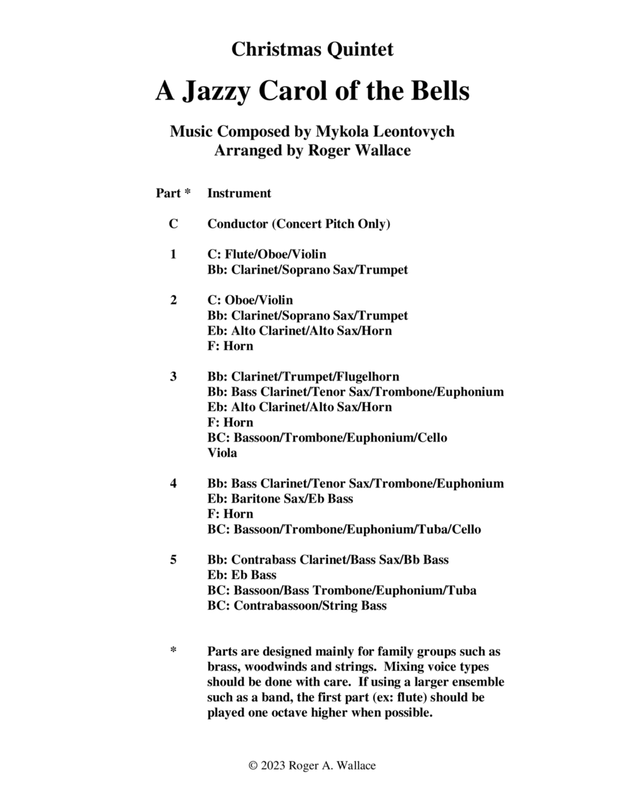 Carol of the Bells (Jazz Waltz for Brass Quintet or Choir) Choir scores gallery preview page 1