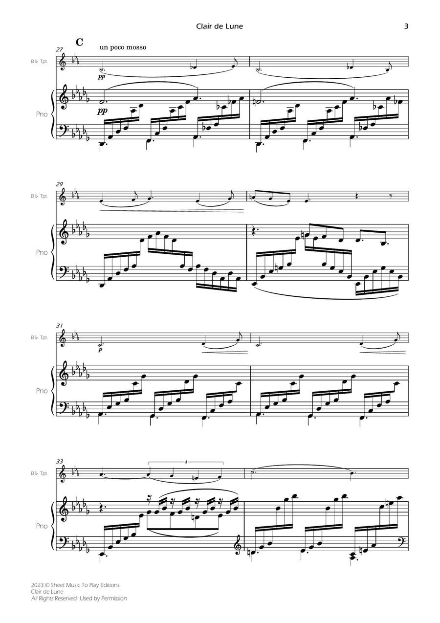 Clair de Lune by Debussy - Bb Trumpet and Piano (Full Score and Parts) B-Flat Trumpet scores gallery preview page 4