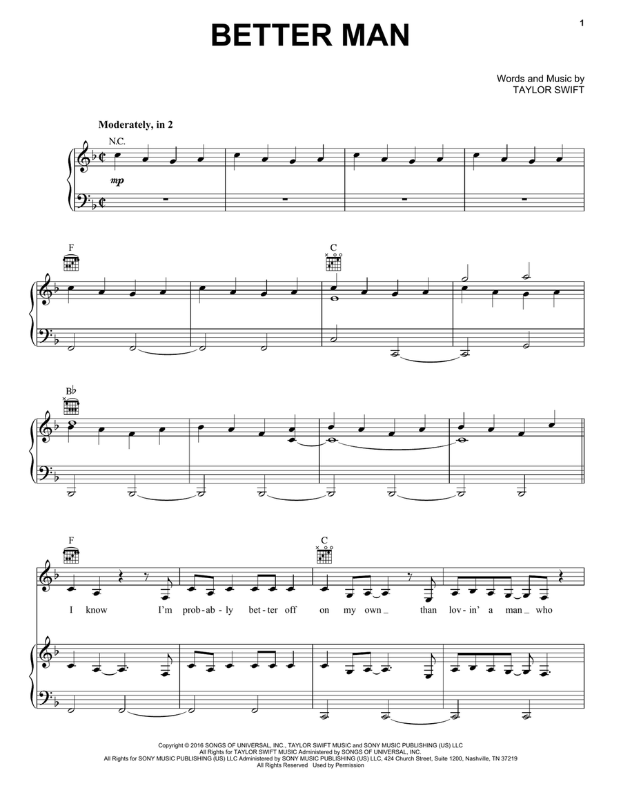 Better Man Piano, Vocal, Guitar scores gallery preview page 1