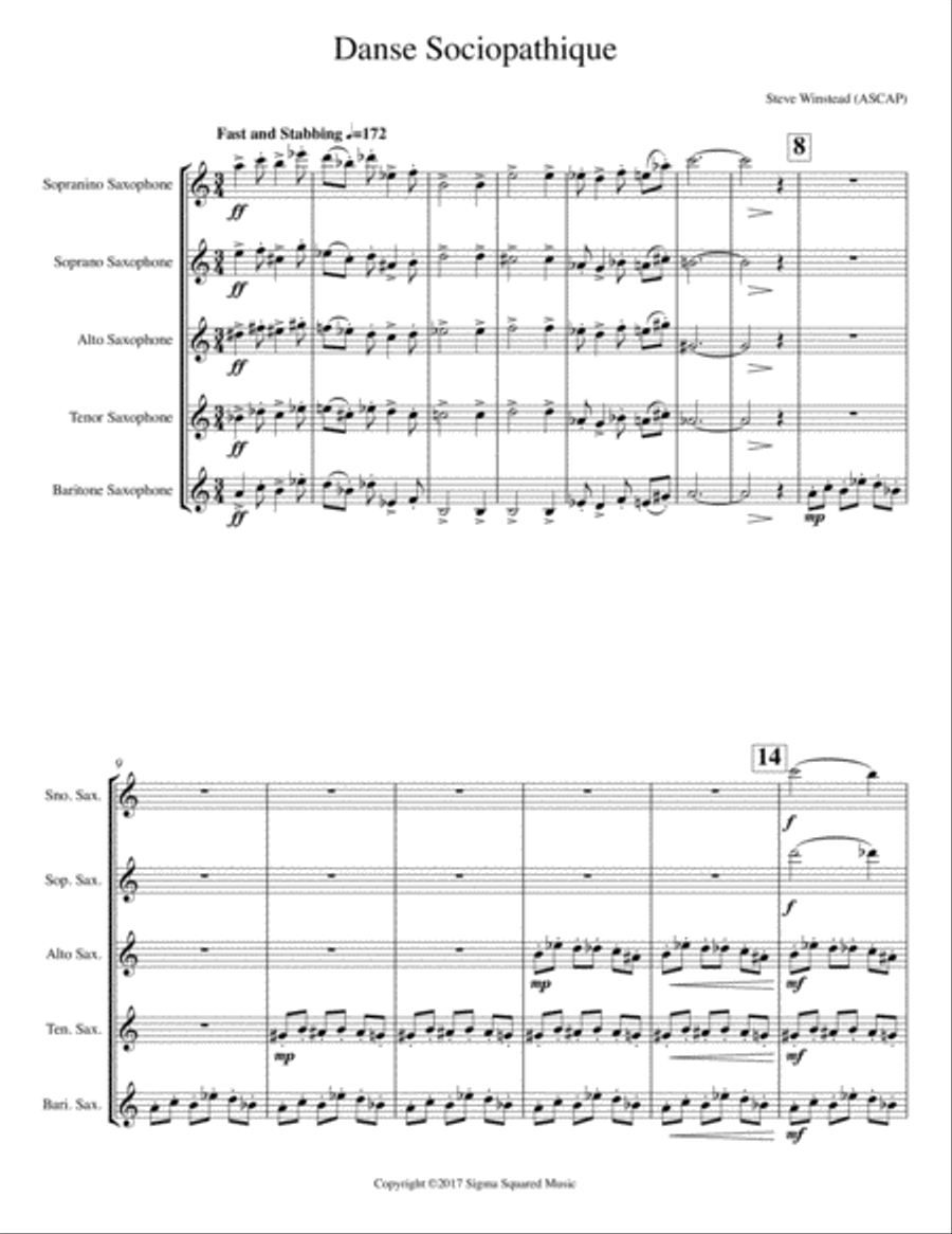 Danse Sociopathique for Saxophone Quintet (with Sopranino) Saxophone Quintet scores gallery preview page 3