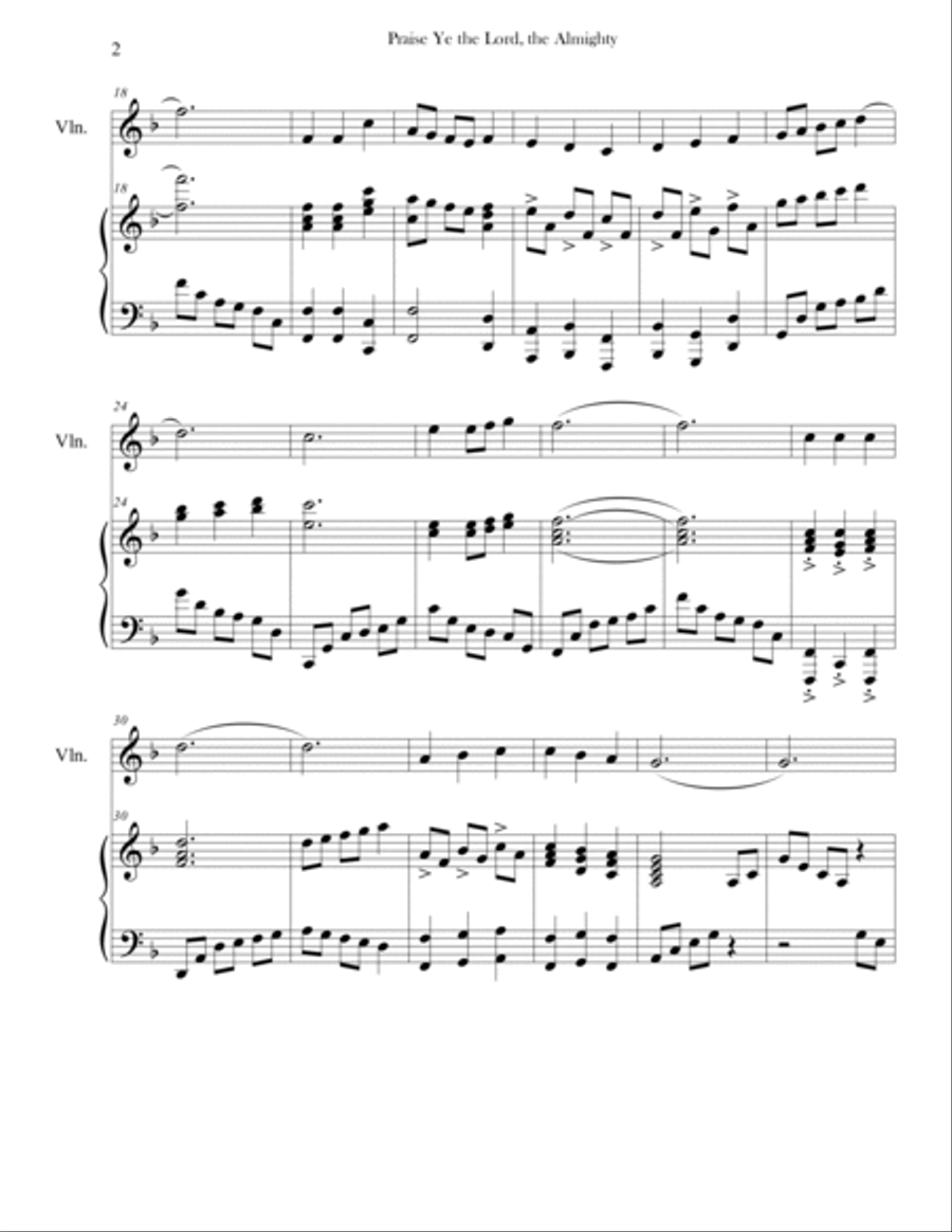 Praise Ye the Lord, the Almighty (Advanced Piano & Violin) Violin Solo scores gallery preview page 2
