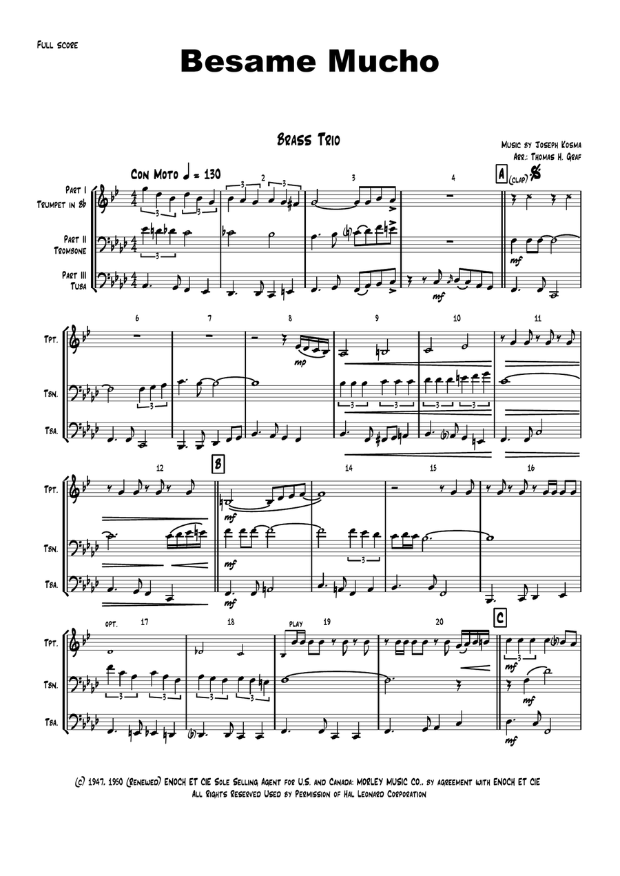 Besame Mucho (Kiss Me Much) Brass Ensemble scores gallery preview page 1