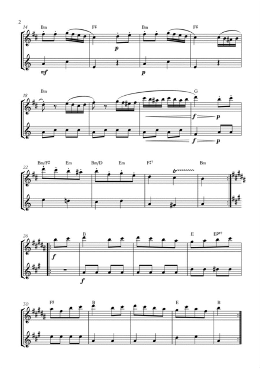 W. A. Mozart - Turkish March (Alla Turca) (with chords) (for Trumpet and Flute) Flute scores gallery preview page 2