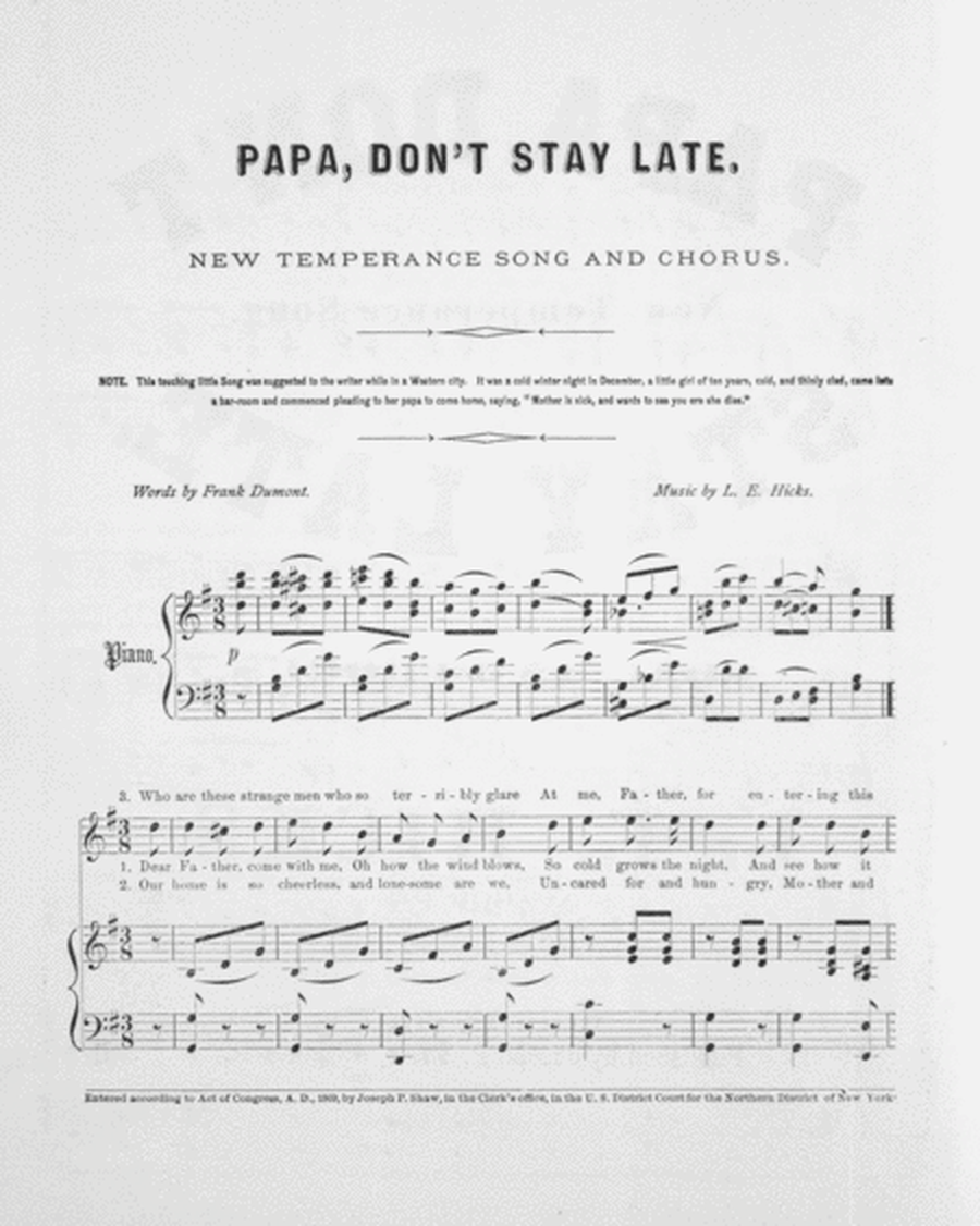 Papa, Don't Stay Late. New Temperance Song. Song and Chorus