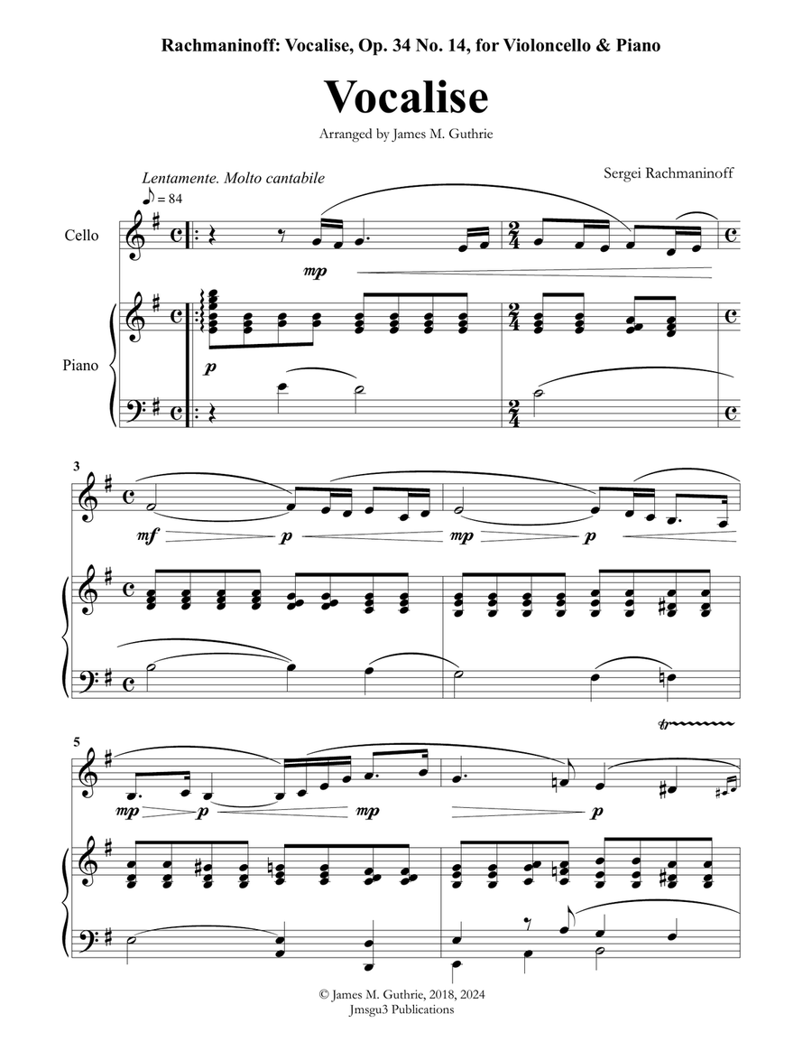 Rachmaninoff: Vocalise for Cello & Piano Piano scores gallery preview page 1