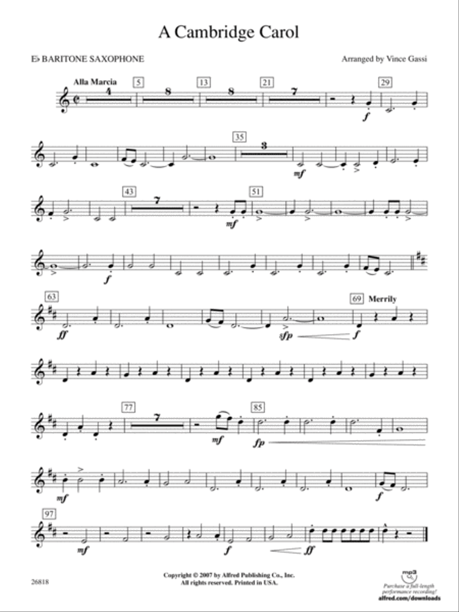 A Cambridge Carol: E-flat Baritone Saxophone Concert Band scores gallery preview page 1
