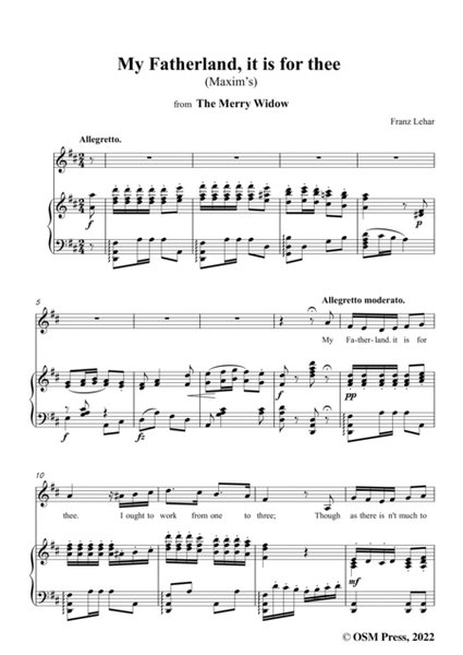 Lehar-My Fatherland,it is for thee (Maxim's),in D Major,from 'The Merry Widow',for Voice and Piano