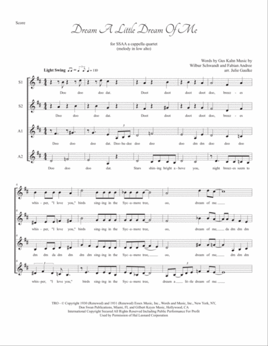 Dream A Little Dream Of Me SSAA scores gallery preview page 1