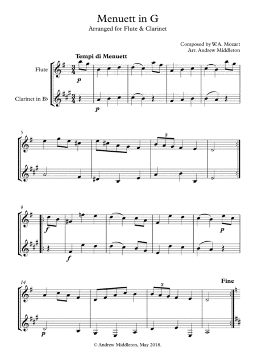 Menuett in G arranged for Flute and Clarinet Duet Woodwind Duet scores gallery preview page 1