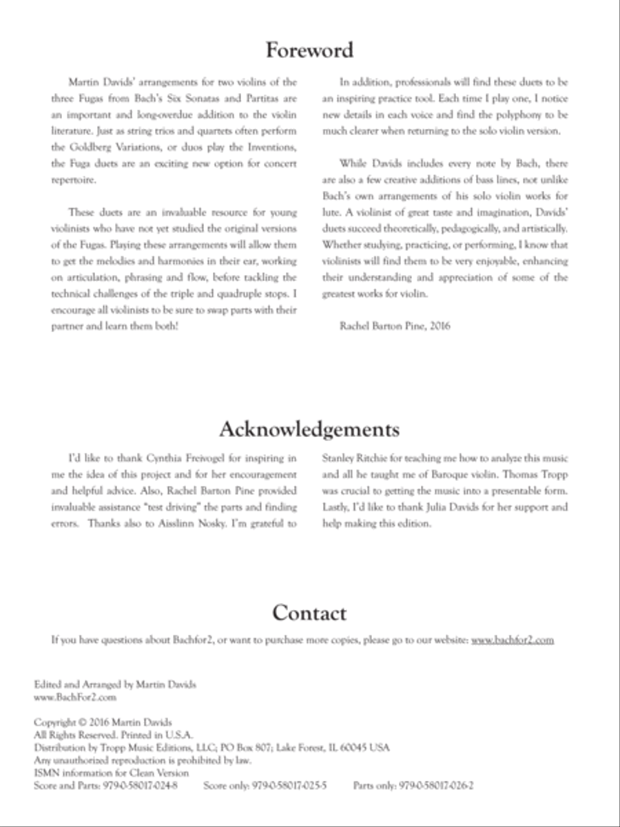 Bachfor2 Volume 1, Three Fugues, Violin 1, clean version String Duet scores gallery preview page 2