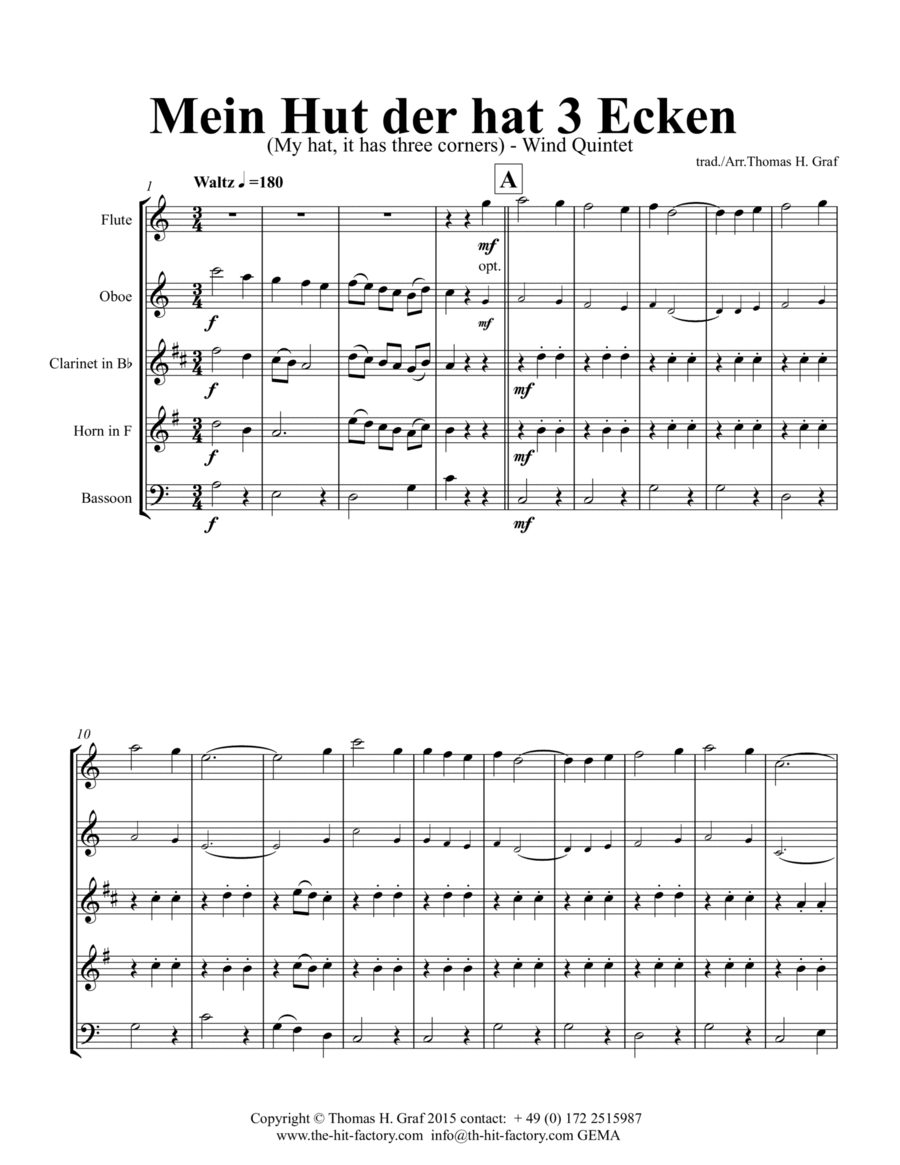 Mein Hut der hat 3 Ecken (My hat, it has three corners) - Folk - Wind Quintet Woodwind Quintet scores gallery preview page 1