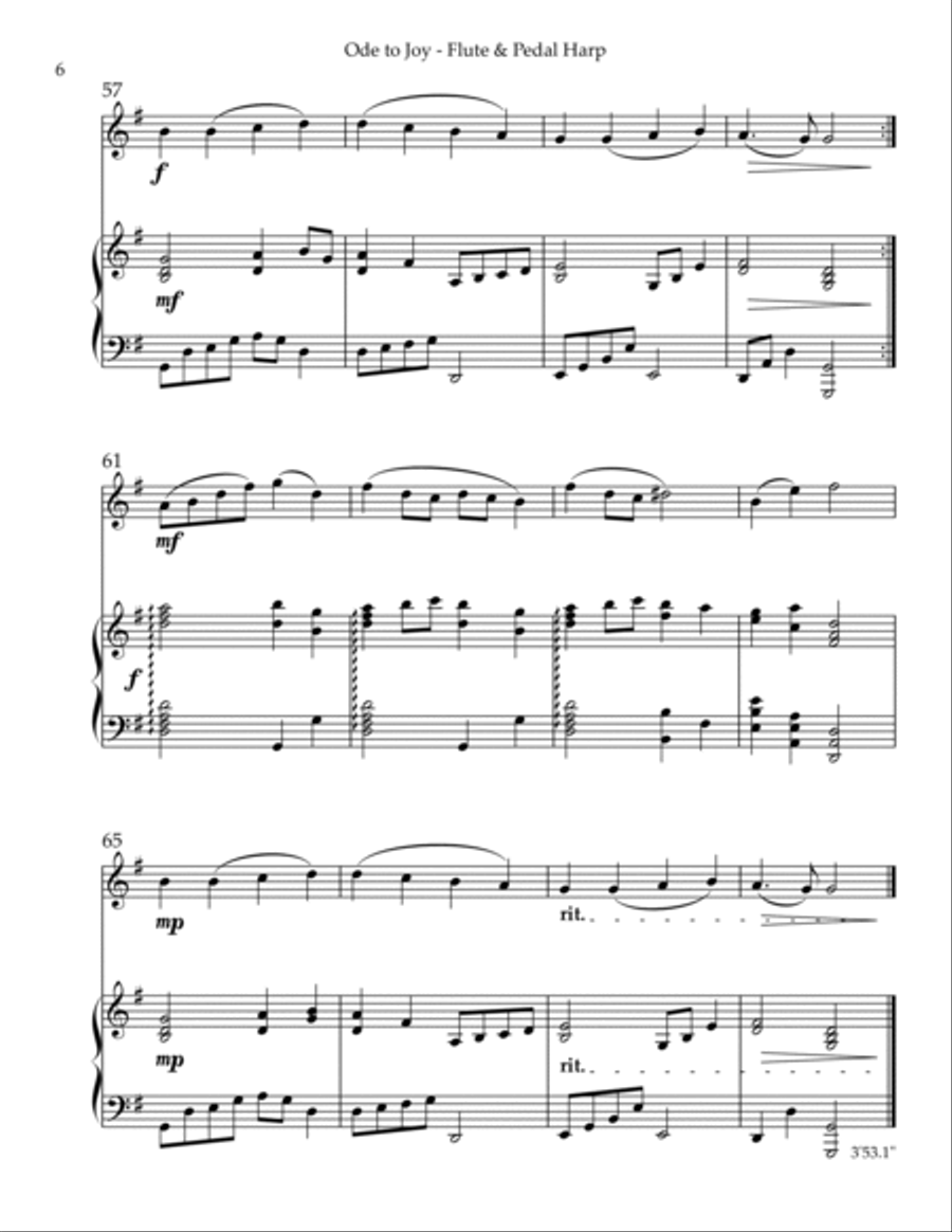 Ode to Joy, Duet for Flute & Pedal Harp Flute scores gallery preview page 6