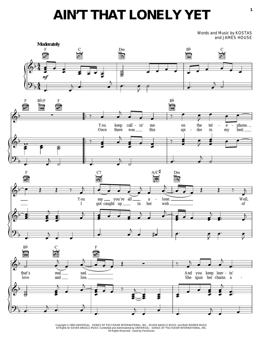 Ain't That Lonely Yet Piano, Vocal, Guitar scores gallery preview page 1