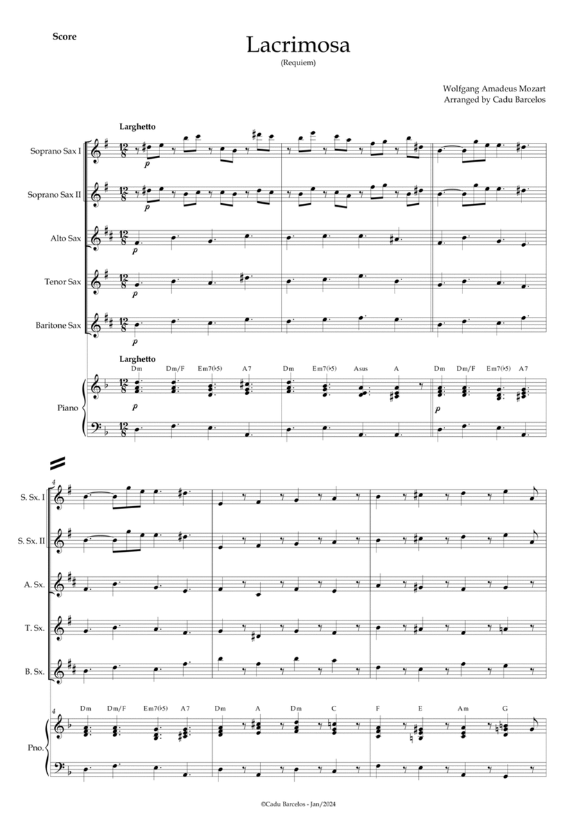 Lacrimosa (Saxophone Quintet) Piano and chords image number null