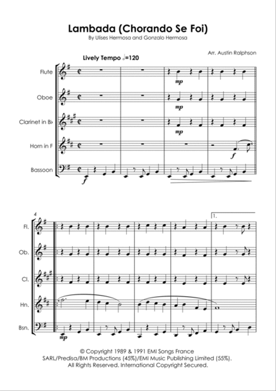 Chorando Se Foi (lambada) Woodwind Quintet scores gallery preview page 5