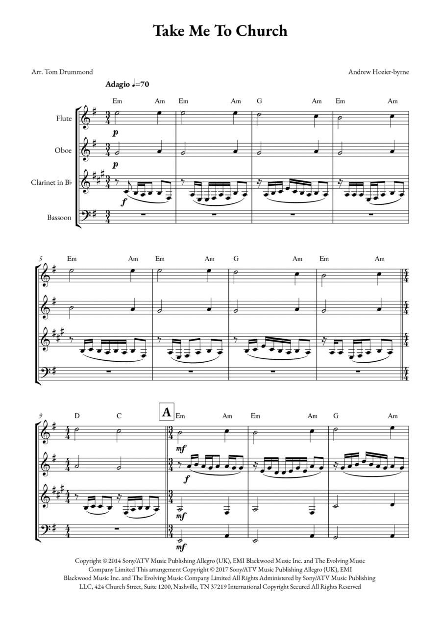Take Me To Church Woodwind Quartet scores gallery preview page 1