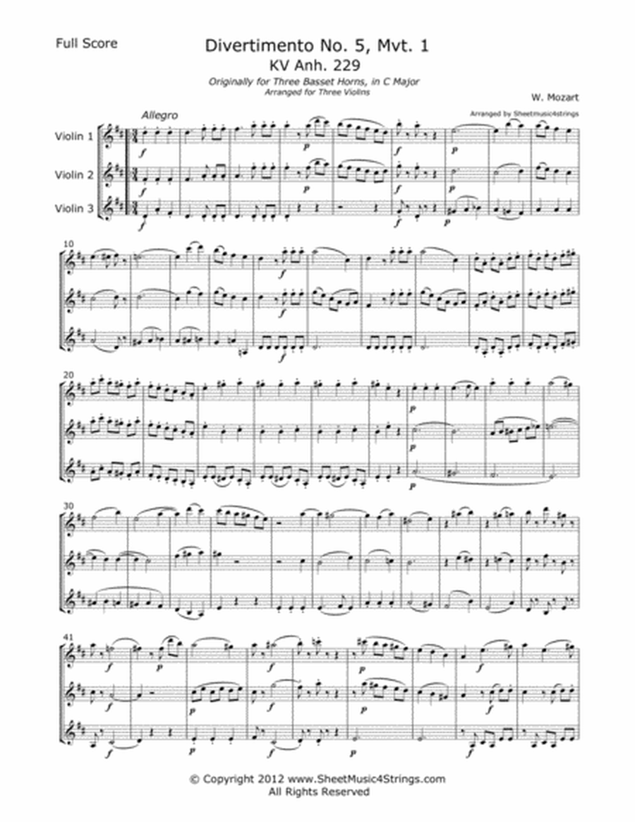 Mozart, W. - Divertimento No. 5 (Mvt. 1) for Three Violins image number null