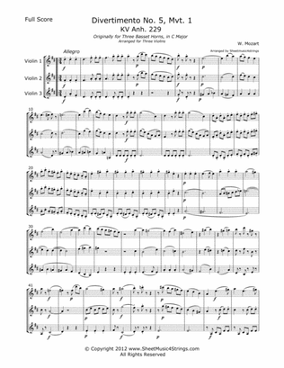Book cover for Mozart, W. - Divertimento No. 5 (Mvt. 1) for Three Violins