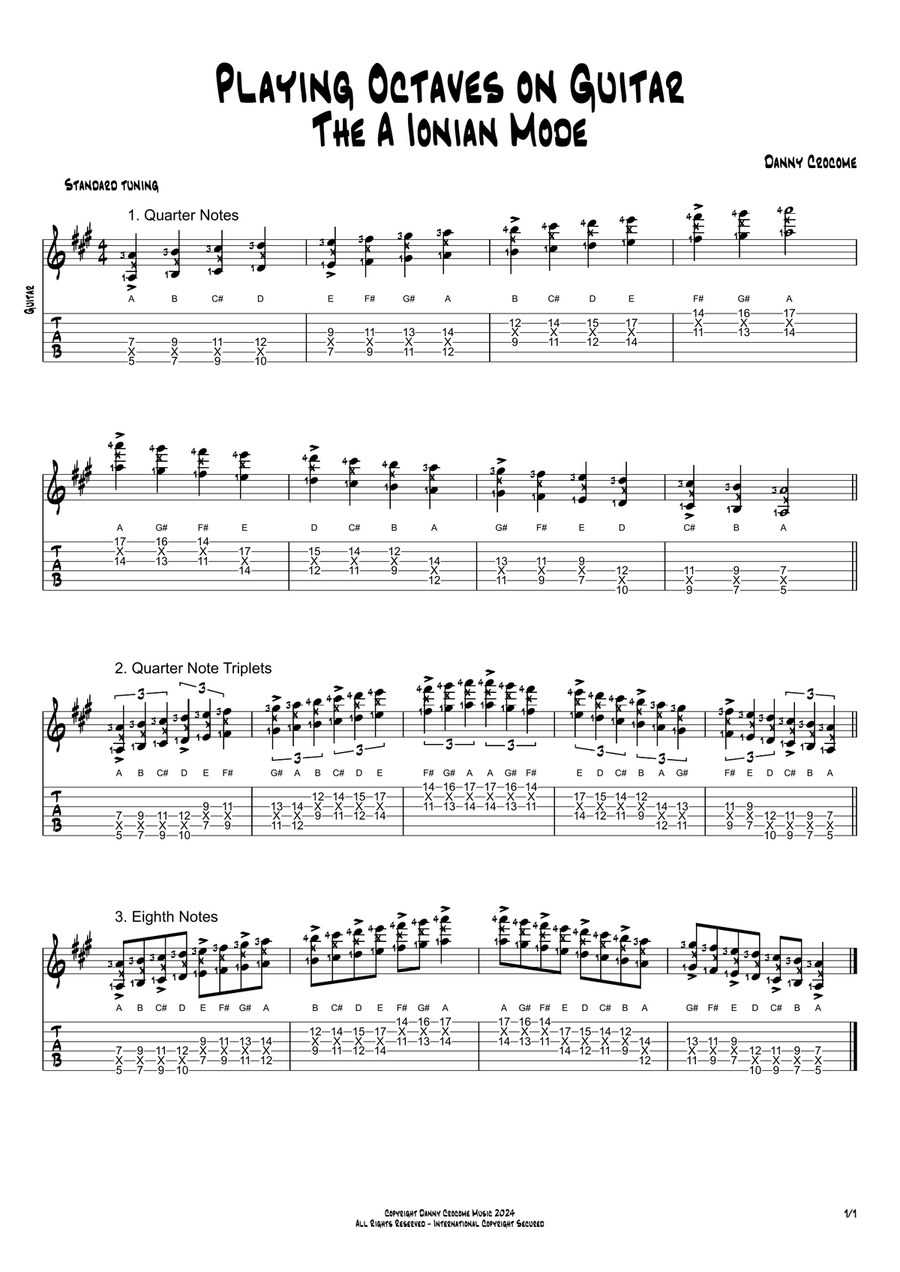 Playing Octaves on Guitar - The A Ionian Mode Acoustic Guitar scores gallery preview page 1