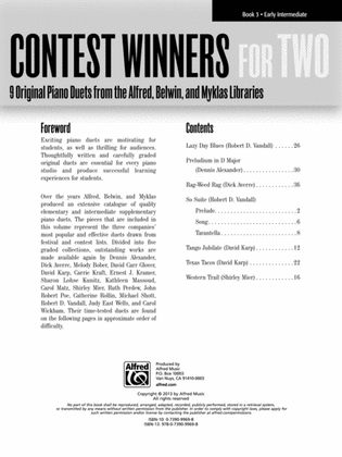 Book cover for Contest Winners for Two, Book 3: 9 Original Piano Duets from the Alfred, Belwin, and Myklas Libraries
