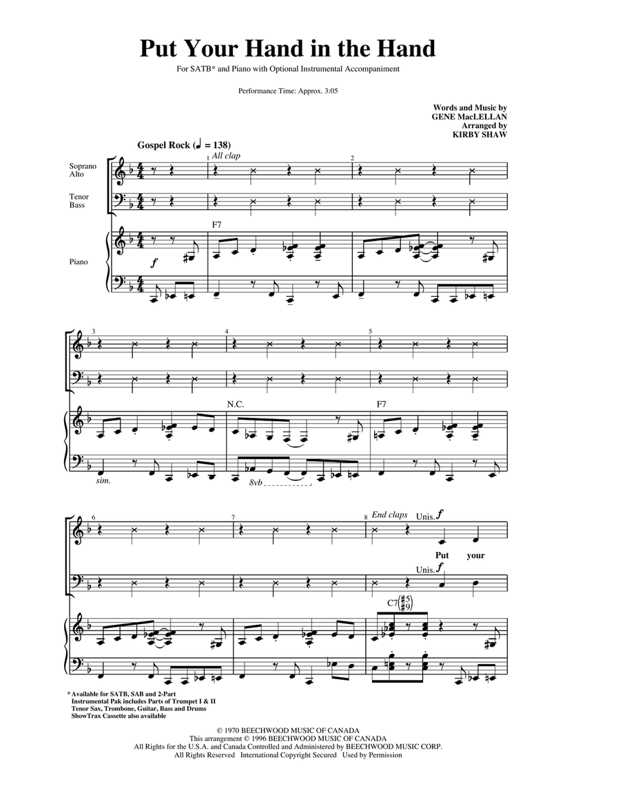 Put Your Hand In The Hand (arr. Kirby Shaw) 4-Part scores gallery preview page 1