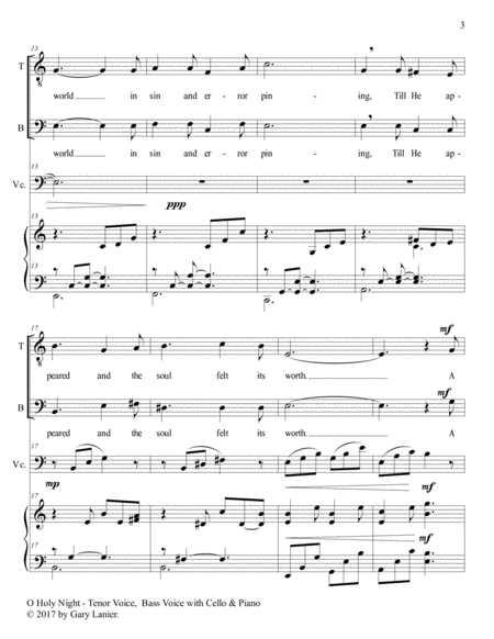O HOLY NIGHT (Men's Choir - TB with Cello & Piano/Score & Parts included) image number null