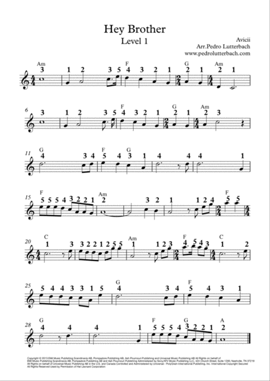 Hey Brother Easy Piano scores gallery preview page 1